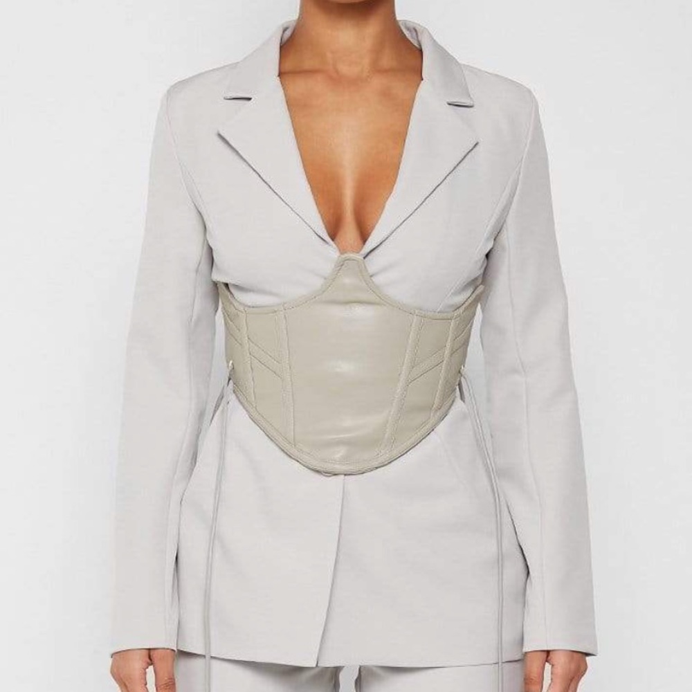 BLAZER WITH VEGAN LEATHER CORSET - STONE